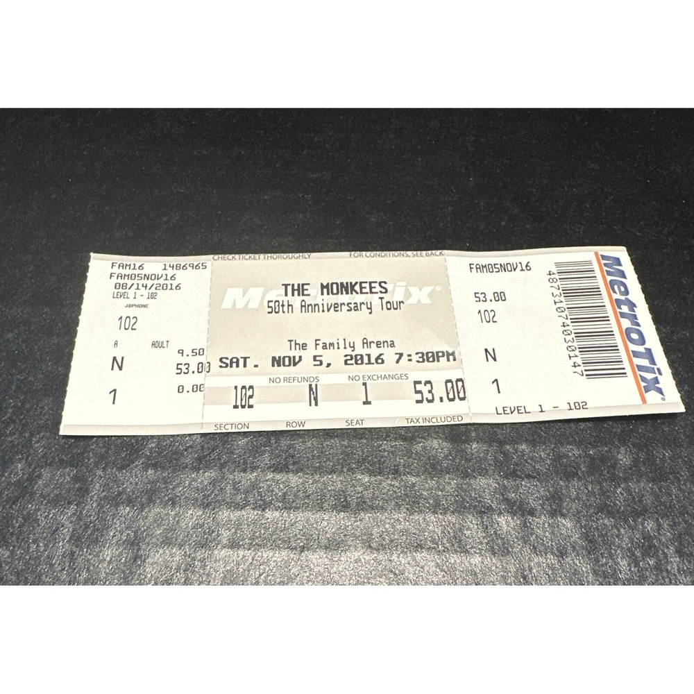 The Monkeesβ 2016 50th Anniversary Tour. Peter Tork's Last Tour. Ticket Stub
